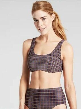 Athleta Navy Seersucker Scoop Bikini Multi Plaid Two-Piece Swim Set